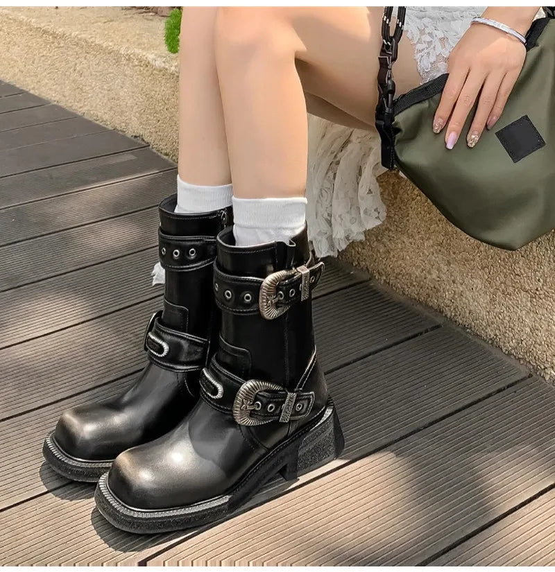Metal Belt Buckle Motorcycle Boots Rivet Patent Leather Platform Wedge High heels Chunky Boots Shoes